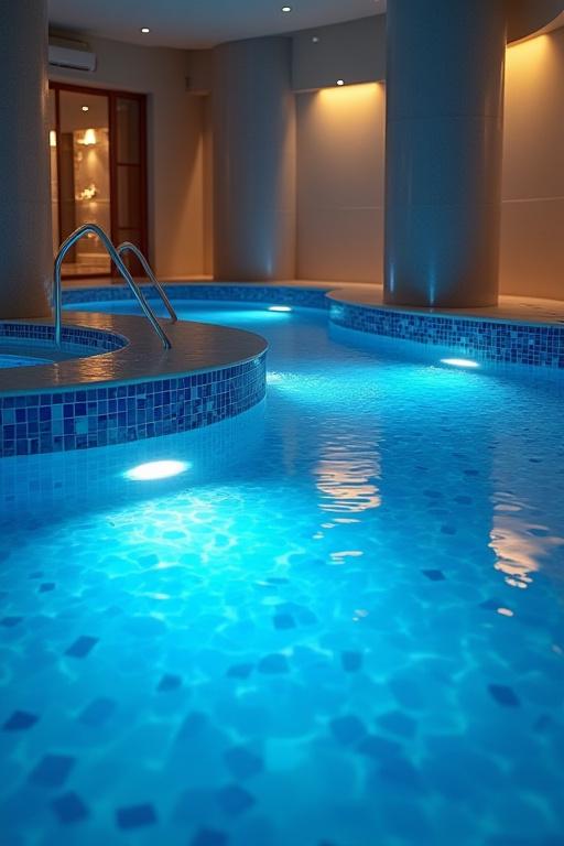 Vista della piscina idromassaggio con mosaici blu e giochi di luce, creando un'atmosfera serena e invitante.