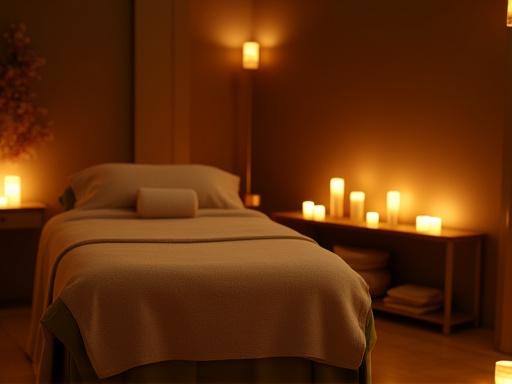 Sala massaggi elegantemente arredata per trattamenti di coppia, con candele e tessuti morbidi.